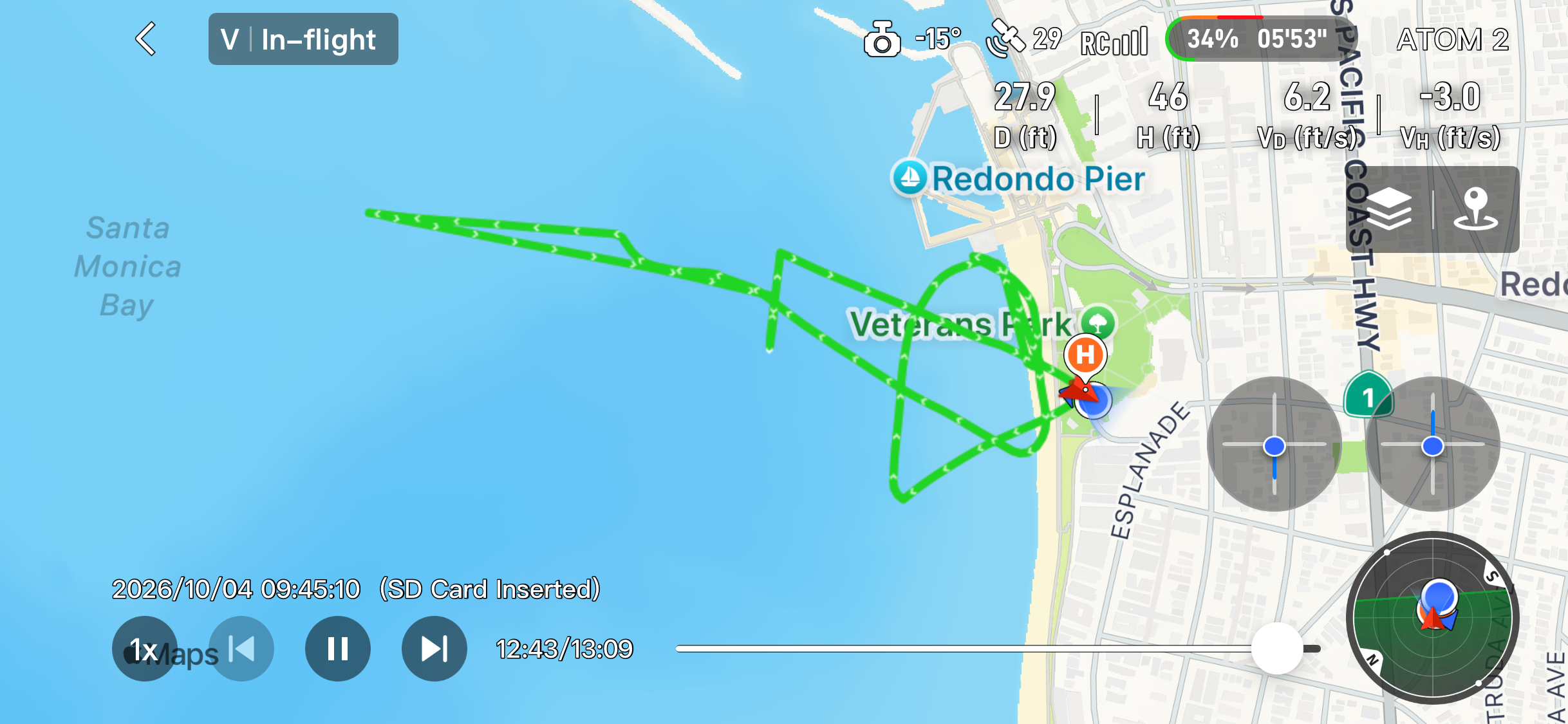 Recorded flight path for Kayakers at Redondo Pier